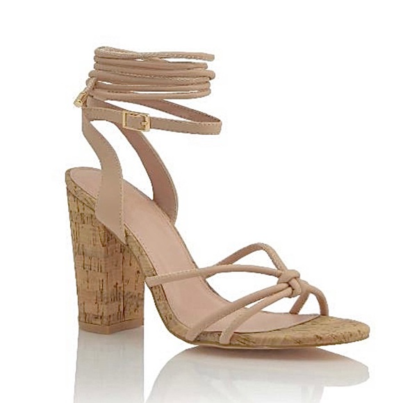 Adjustable Lace Strap or Ankle Strap Nude Cork Heels - Picture 3 of 4